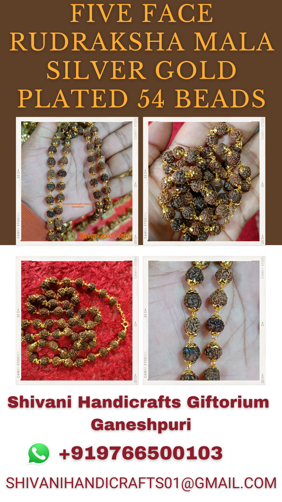 Five Face Rudraksha Mala Silver Gold Plated 54 Beads