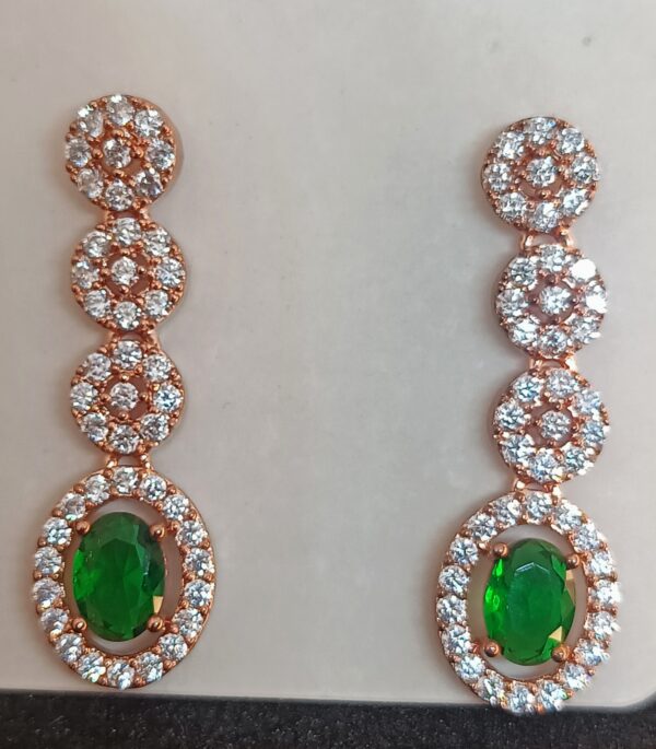 AD Diamond Earrings| Green Stone Studded Drop Down Rose Gold Plate Pair of Earrings