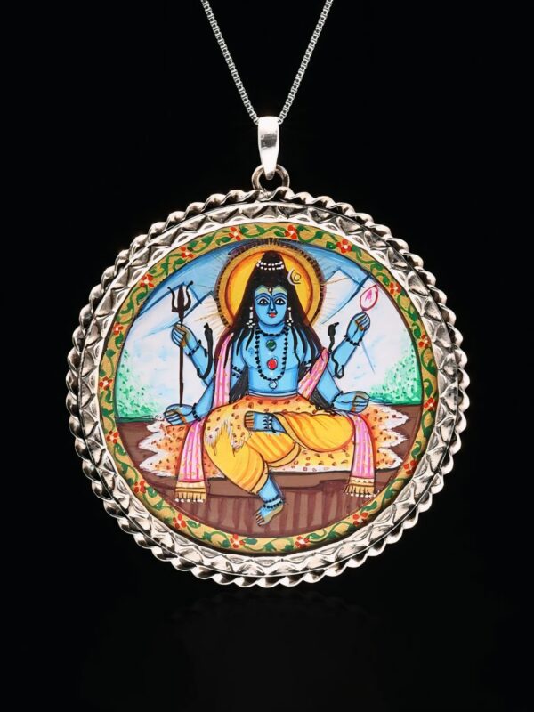 Sterling Silver Round Shape Hand-Painted Lord Shiva Pendant (One Size)