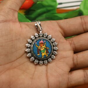 92.5 Sterling Silver Ganesha Pendant Hand Painted Miniature Art Painting photo with Glass Framed Pendant ethnic stylish